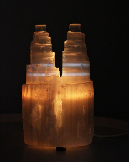 Selenite Lamp Twin tower 20 cm